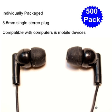 School earbuds 500 pack with soft silicone earpieces, compatible with computers and mobile devices for students.